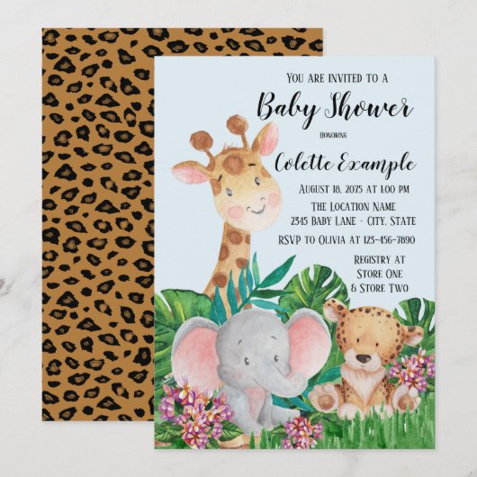 Cartes d'invitation pour Baby Shower Safari (Devant / Derrière)