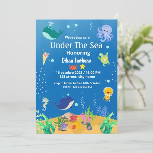 Cartes d'invitation pour baby shower sous la mer (Debout devant)