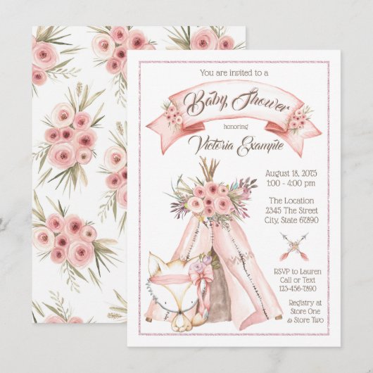 Cartes d'invitation pour Baby Shower Tribal TeePee (Devant / Derrière)