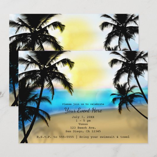 Cartes d'invitation pour fête de plage tropicale e (Devant / Derrière)