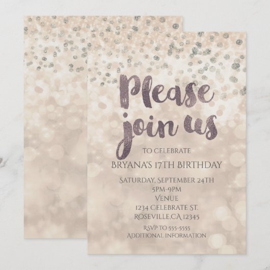 Cartes d'invitation pour fête Glam Sparkle Confett (Devant / Derrière)