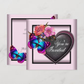 Cartes d'invitation pour fête papillon à coeur noi (Devant / Derrière)
