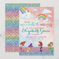 Cartes d'invitation pour fête Sirènes, Licornes et