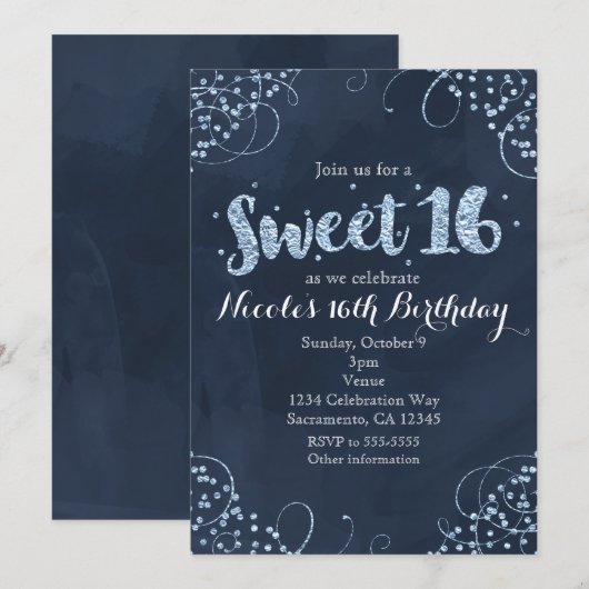 Cartes d'invitation pour fête Sweet 16 sur le thèm (Devant / Derrière)
