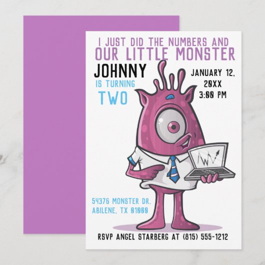 Cartes d'invitation pour l'anniversaire de monstre (Devant / Derrière)