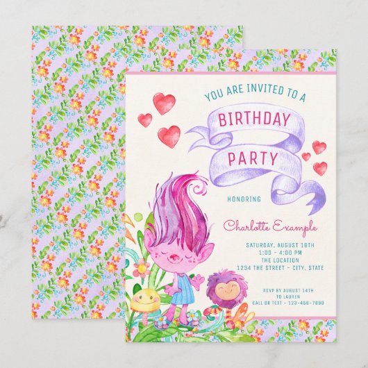 Cartes d'invitation pour l'anniversaire de Troll (Devant / Derrière)