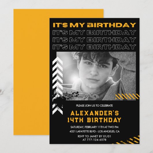 Cartes d'invitation pour les 14 ans d'un garçon Ph (Devant / Derrière)