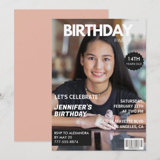 Cartes d'invitation pour les 14 ans fille couvertu (Devant / Derrière)