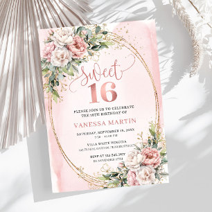Cartes d'invitation pour les 16 ans avec fleurs ro