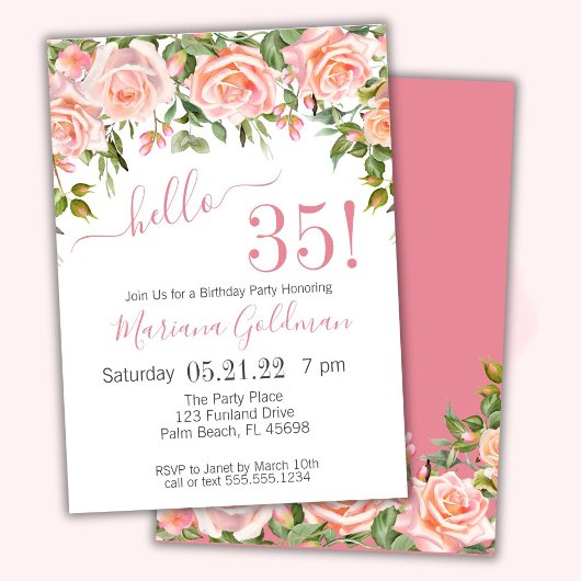 Cartes d'invitation pour les 35 ans Fleur rose Mod