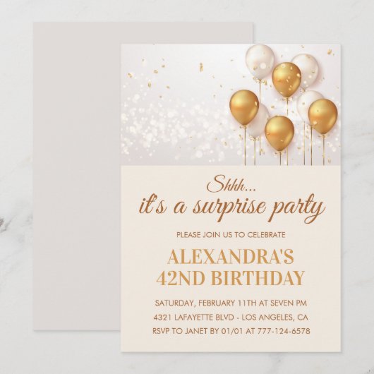 Cartes d'invitation pour les 42 ans surprise Or (Devant / Derrière)