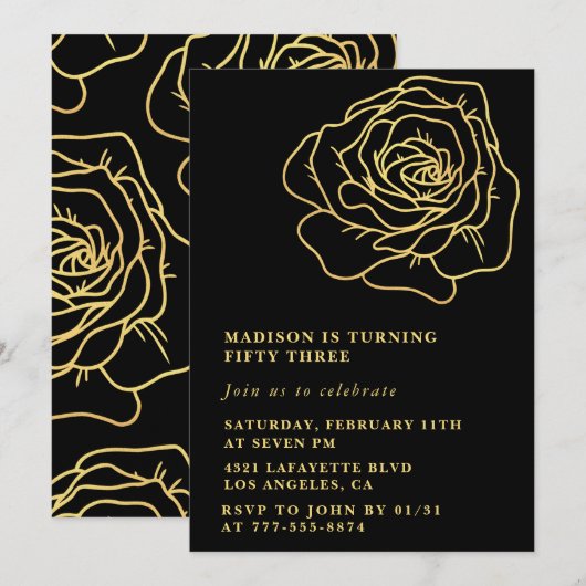 Cartes d'invitation pour les 53 ans Fleur Black Go (Devant / Derrière)