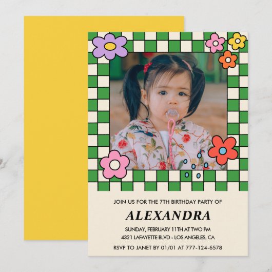 Cartes d'invitation pour les 7 ans Fleurs Rétro Gr (Devant / Derrière)