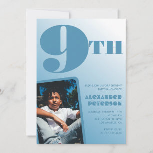 Cartes d'invitation pour les 9 ans avec photo bleu