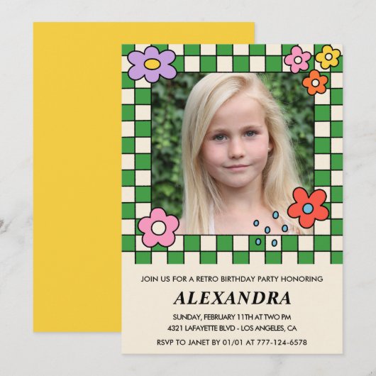 Cartes d'invitation pour les 9 ans Fleurs Rétro Gr (Devant / Derrière)