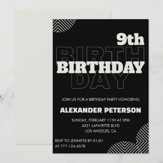 Cartes d'invitation pour les 9 ans garçon annivers (Devant / Derrière)