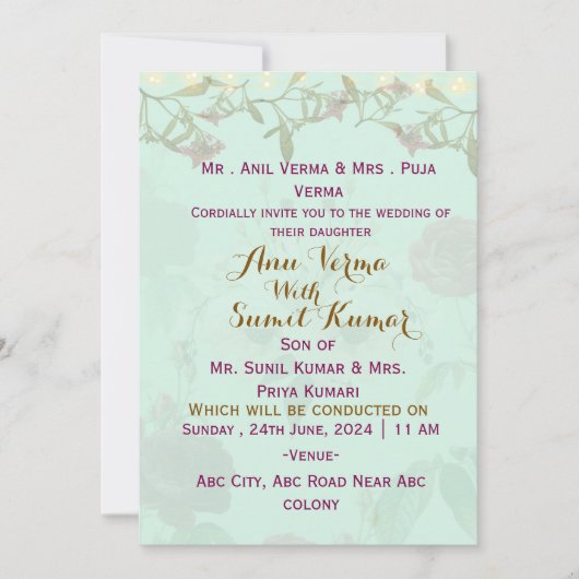 Cartes d'invitation pour mariage indien  (Devant)