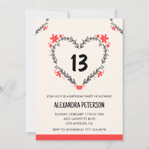 Cartes d'invitation pour ses 13 ans florales cœur