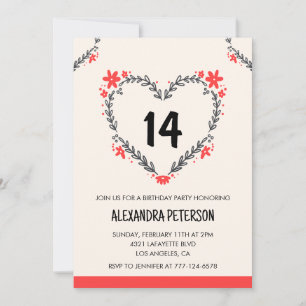 Cartes d'invitation pour ses 14 ans florales cœur
