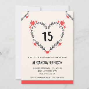Cartes d'invitation pour ses 15 ans florales cœur