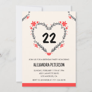 Cartes d'invitation pour ses 22 ans florales cœur