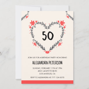 Cartes d'invitation pour ses 50 ans florales cœur