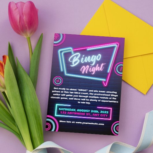 Cartes d'invitation pour soirée Bingo moderne néon