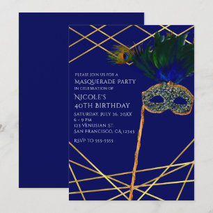 Cartes d'invitation pour soirée masquée au paon bl