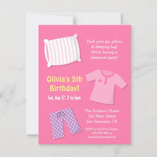 Cartes d'invitation pour soirée pyjama d'anniversa (Devant)