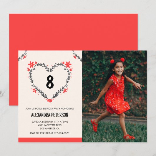Cartes d'invitation pour son 8e anniversaire Flora (Devant / Derrière)