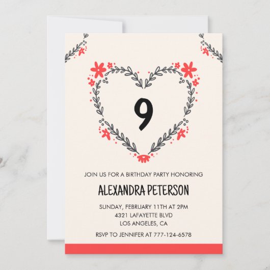 Cartes d'invitation pour son 9e anniversaire flora (Devant)