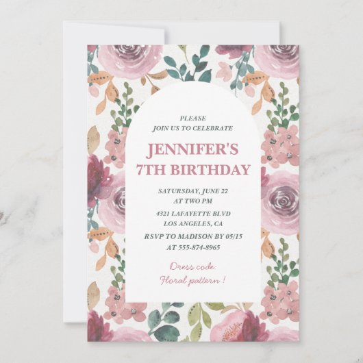 Cartes d'invitation pour un 7ème anniversaire Flor (Devant)
