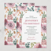Cartes d'invitation pour un 7ème anniversaire Flor (Devant / Derrière)