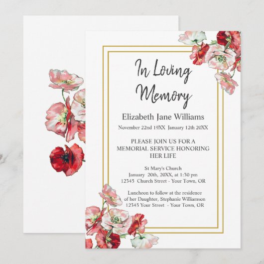 Cartes d'invitation pour un service commémoratif | (Devant / Derrière)
