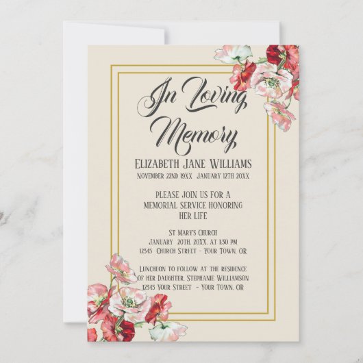 Cartes d'invitation pour un service commémoratif | (Devant)