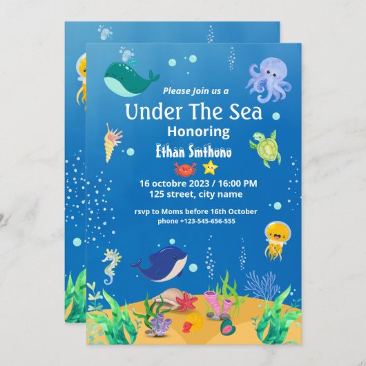 Cartes d'invitation pour une baby shower sous la m (Devant / Derrière)