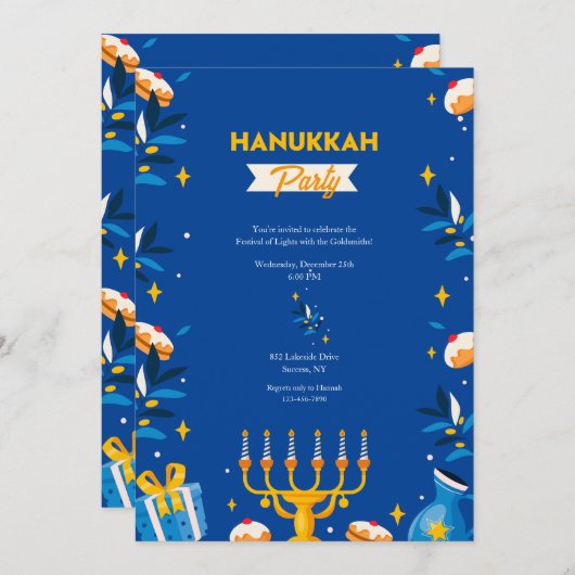 Cartes d'invitation pour une fête de Hanouka (Devant / Derrière)