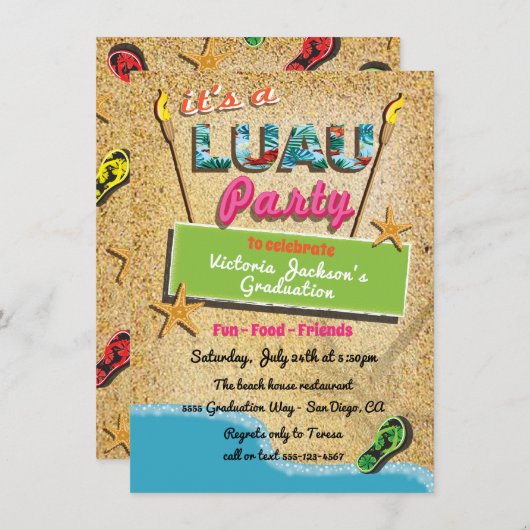 Cartes d'invitation pour une fête de luau sur une (Devant / Derrière)