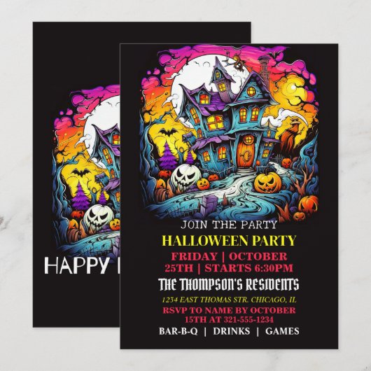 Cartes d'invitation pour une fête Halloween dans u (Devant / Derrière)