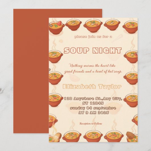 Cartes d'invitation pour une soirée de soupe (Devant / Derrière)