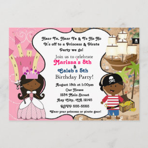 Cartes d'invitation Princesse & Pirate Peau Noire 