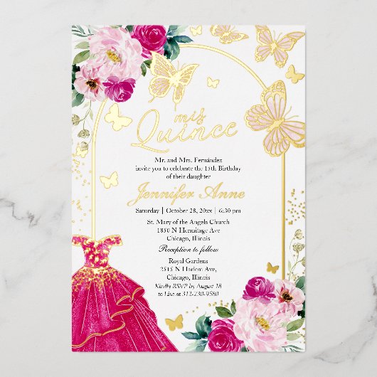 Cartes d'invitation Quince papillon Rose Chaud Rob (Recto)