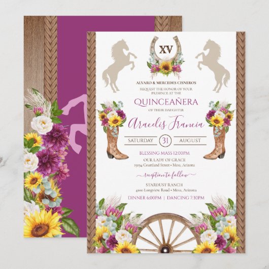 Cartes d'invitation Quinceanera Charro Floral Rust (Devant / Derrière)