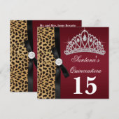 Cartes d'invitation Quinceanera Léopard Rouge Rubi (Devant / Derrière)