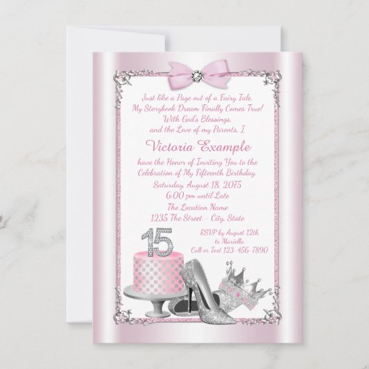 Cartes d'invitation Rose Argent pour les 15 ans de (Devant)