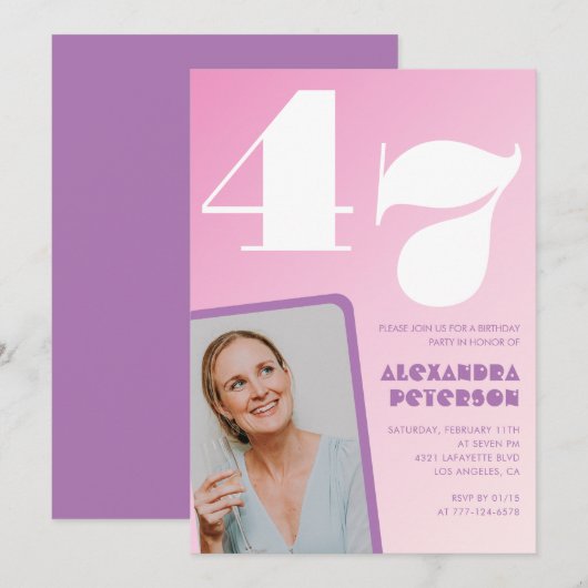Cartes d'invitation rose groovy pour 47ème anniver (Devant / Derrière)