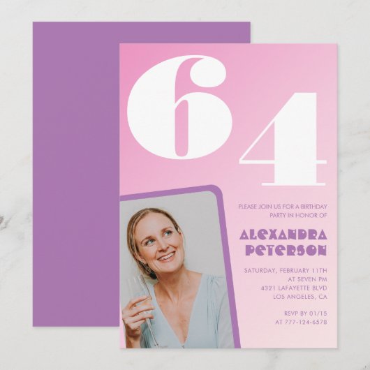 Cartes d'invitation rose groovy pour 64e anniversa (Devant / Derrière)