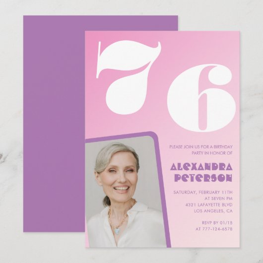 Cartes d'invitation rose Groovy pour 76e anniversa (Devant / Derrière)