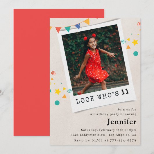 Cartes d'invitation simples pour 11 ans fille Phot (Devant / Derrière)