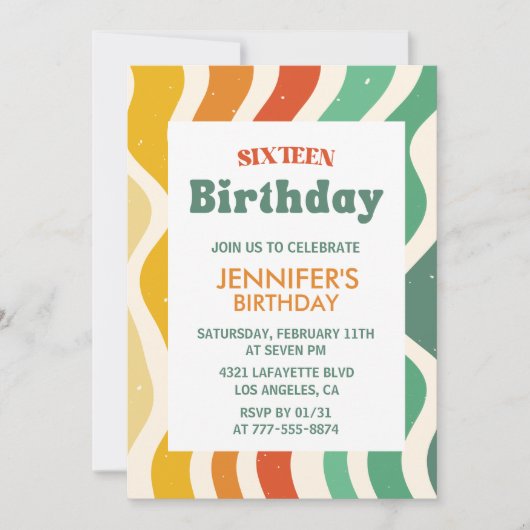 Cartes d'invitation simples pour 16 ans Rétro ondu (Devant)